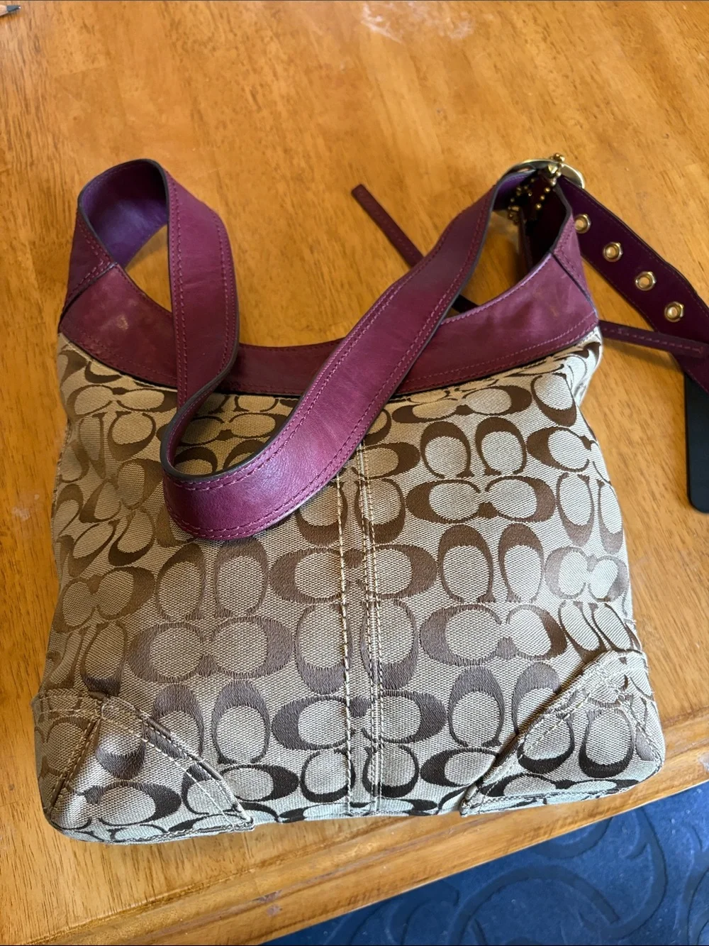 Coach Sophie Bleecker Monogram Hobo Bag with Purple Trim and Tan Canvas